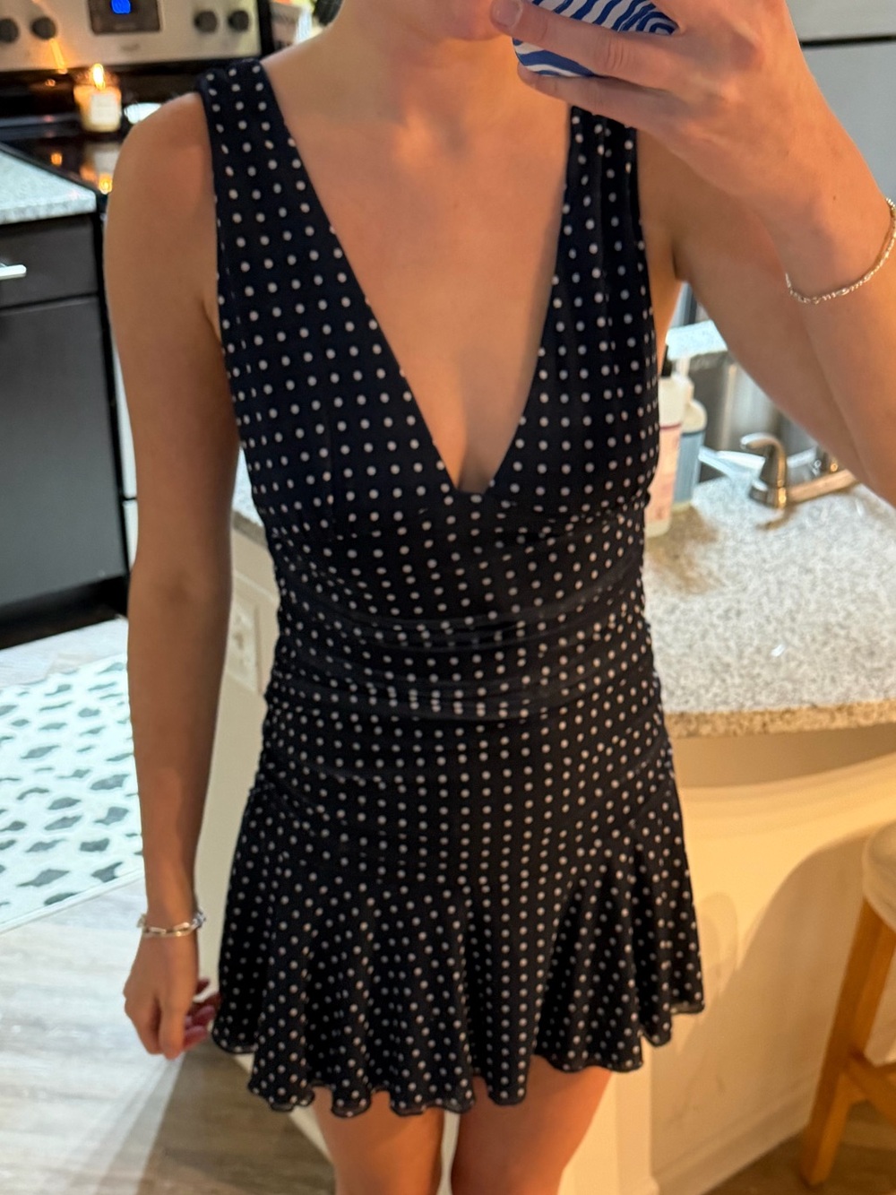 Navy Polka Dot V-Neck Mini Dress